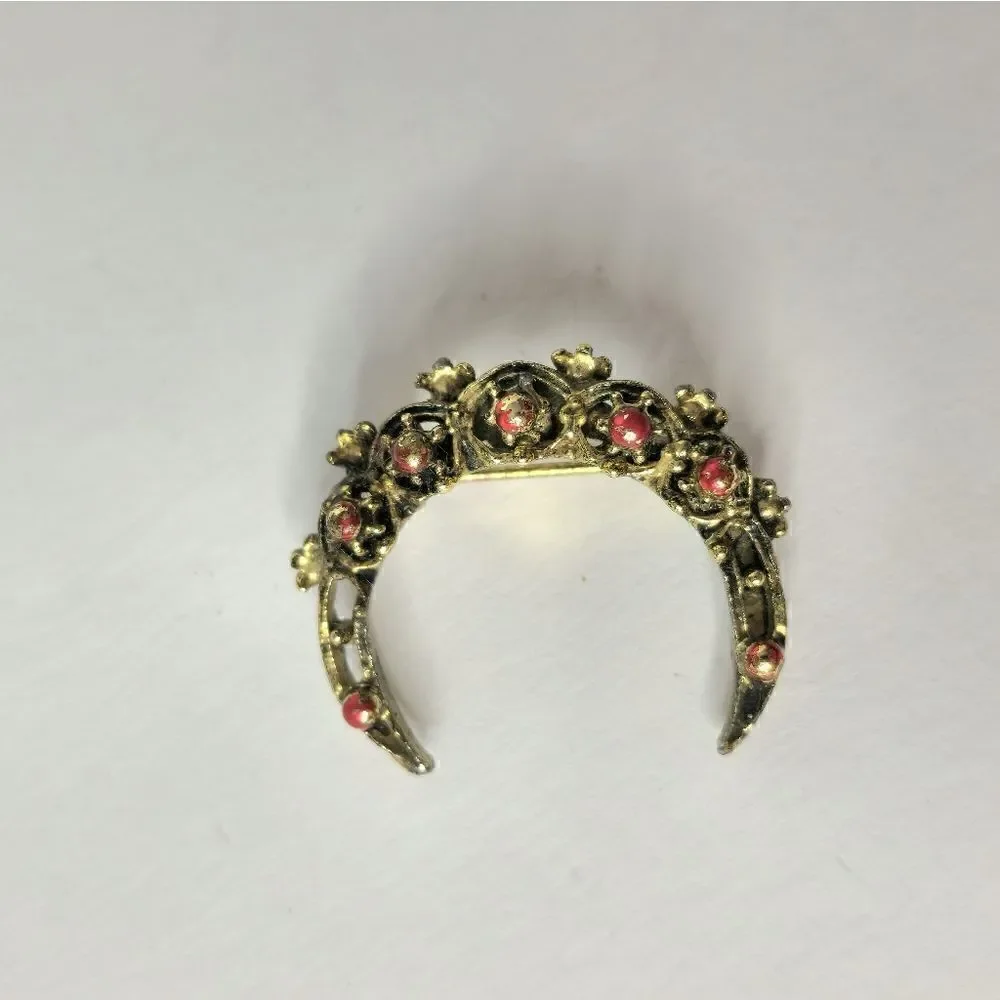 Vintage signed gold red crescent brooch